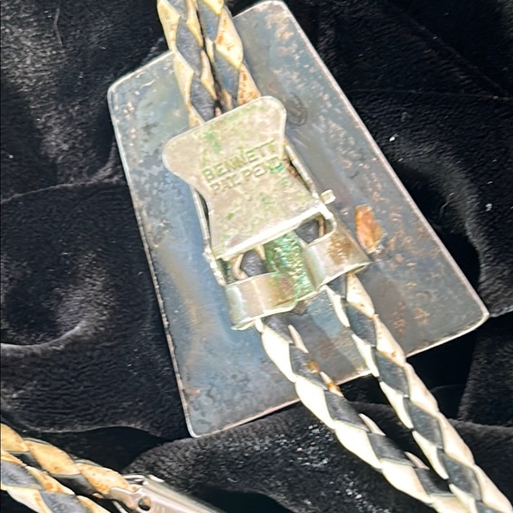 Vintage Navajo Turquoise and Coral Silver Bolo Tie Bennett Clasp - Picture 6 of 7